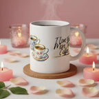 White coffee mug with teacup graphic and black text: I love you more than coffee.