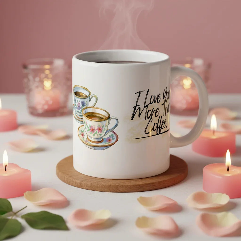 White coffee mug with teacup graphic and black text: I love you more than coffee.