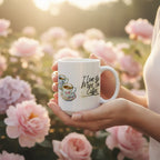White coffee mug in hand with 'I love you more than coffee' and small cup icon.