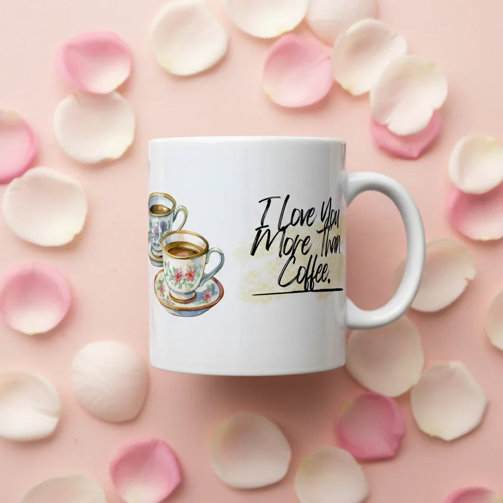 White coffee mug with small cup illustration and 'I love you more than coffee' text.