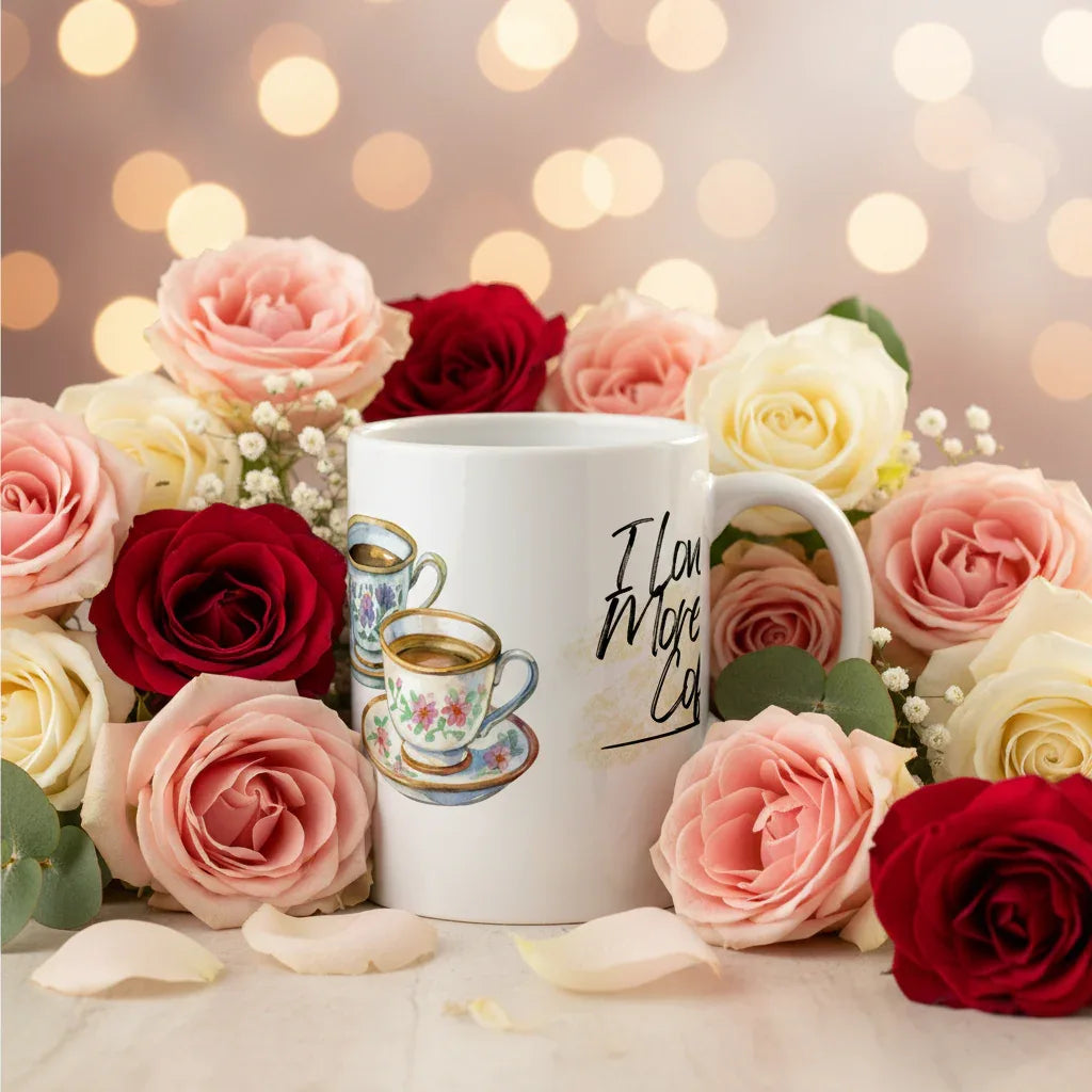 White coffee mug with teacup graphic and black text: I love you more than coffee.