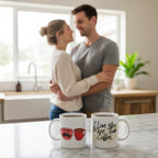Two white coffee mugs on table with 'I love you more than coffee' printed on the sides.