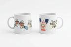 Pair of white coffee mugs with heart cup designs and 'I love you more than coffee'.