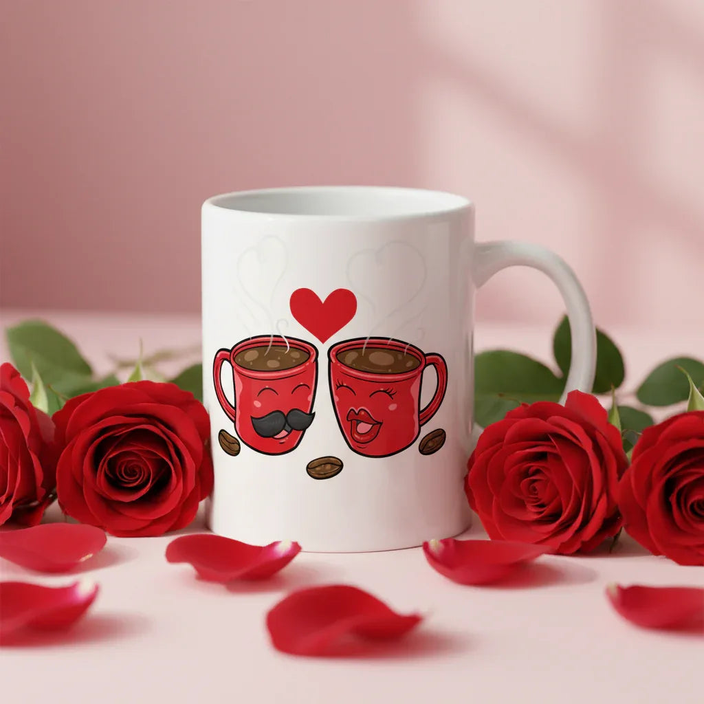 White coffee mug with red cup heart graphic and curved side handle.