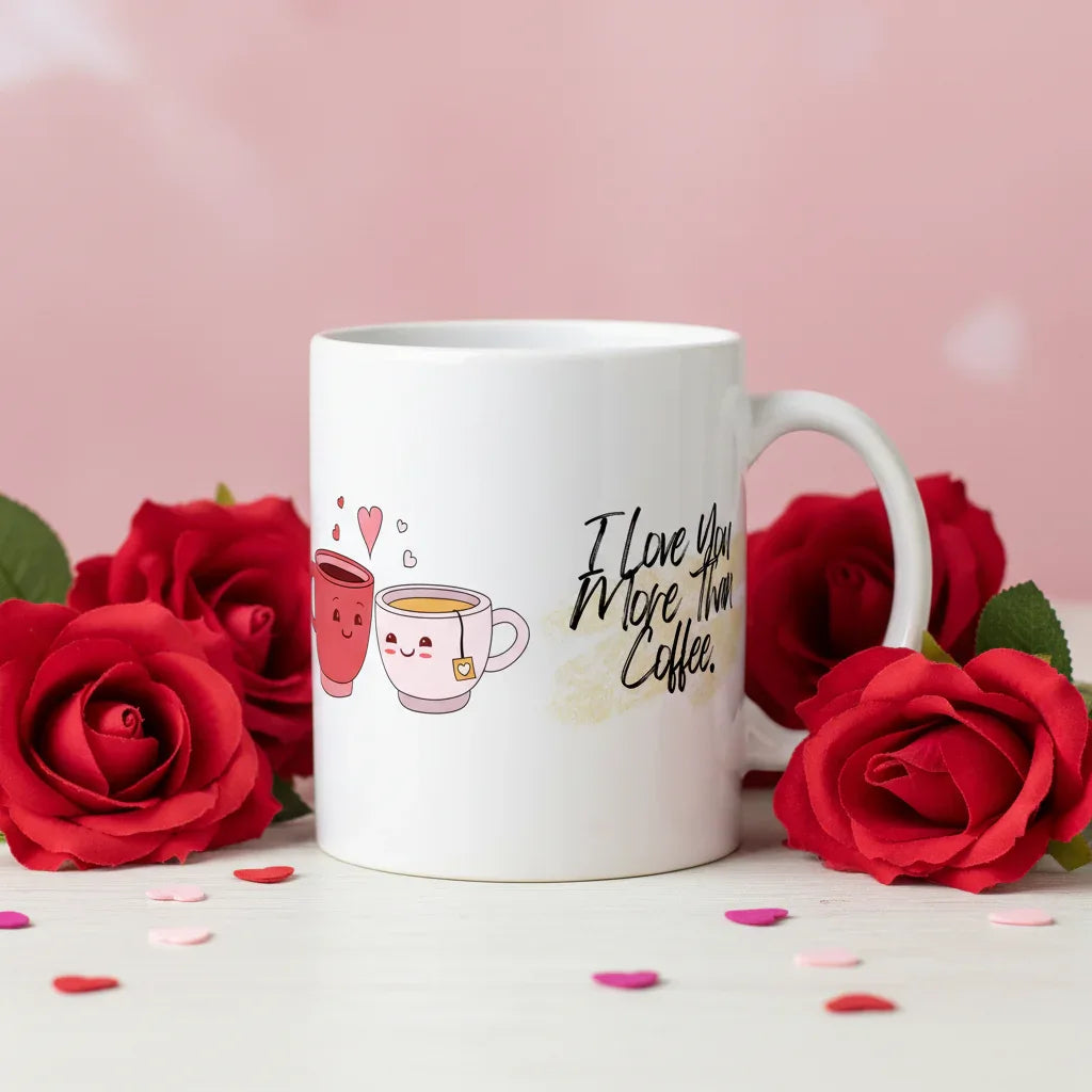 White ceramic coffee mug with red roses, heart icons, and “I Love You More Than Coffee” text