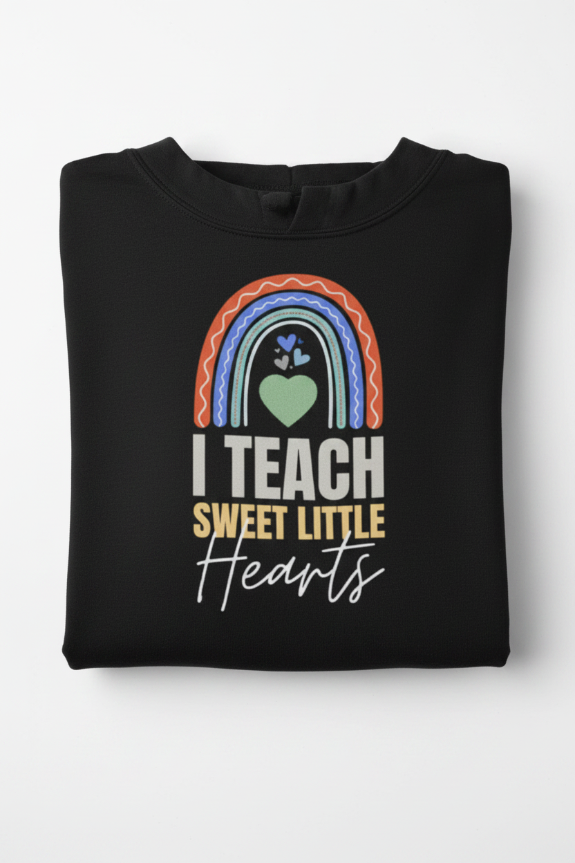 Black unisex pullover hoodie with large front print: rainbow arch, heart icon, “I TEACH”