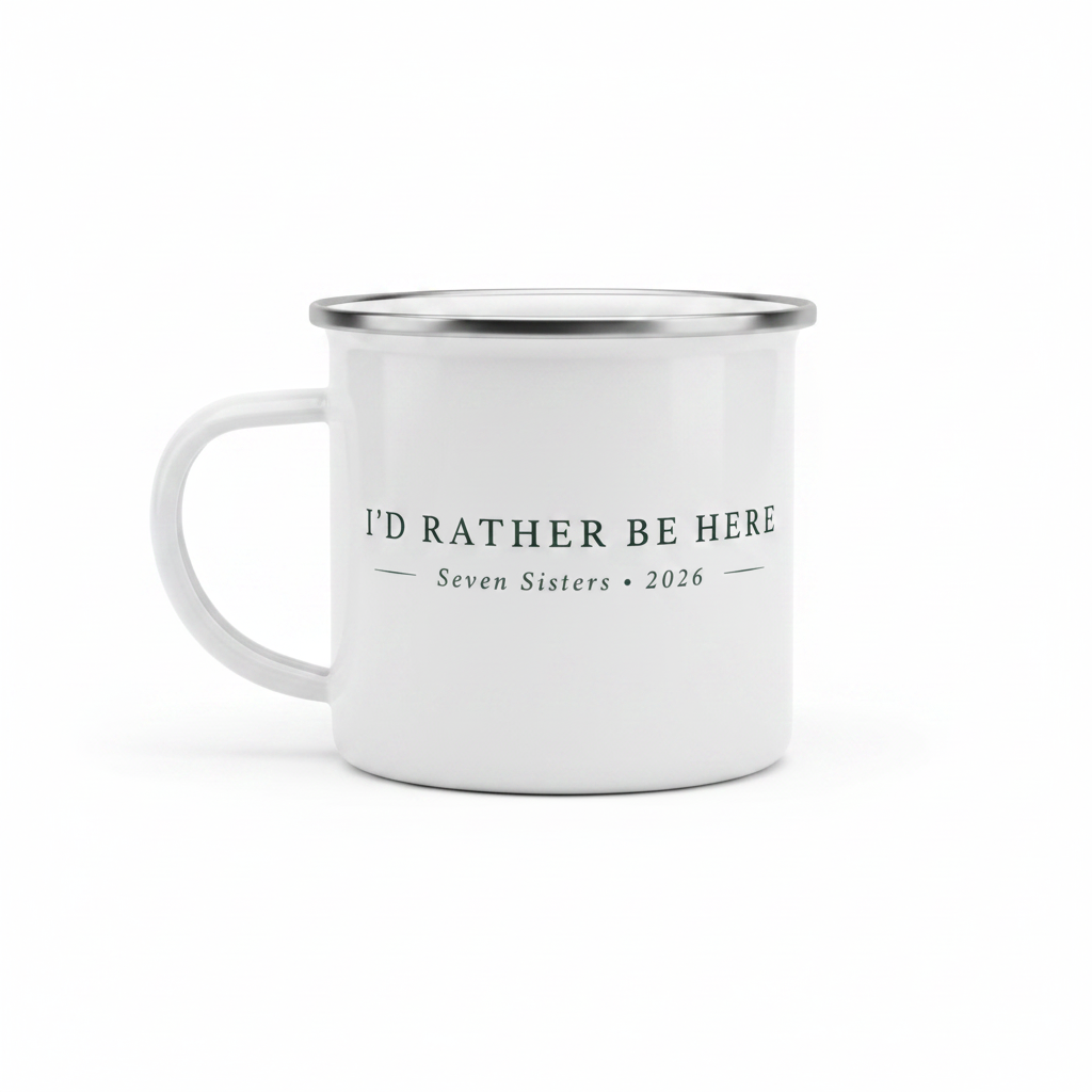 I'd Rather Be Here enamel mug — Charlotte font style