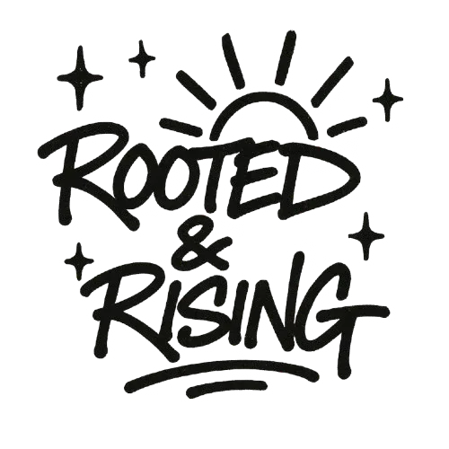 Rooted & Rising hoodie logo graphic with sunburst and spark accents