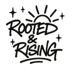 Rooted & Rising hoodie logo graphic with sunburst and spark accents