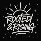 Rooted & Rising hoodie logo in white with sunburst and spark accents