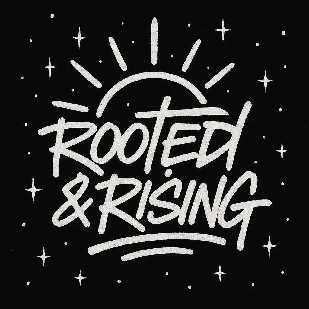 Rooted & Rising hoodie logo in white with sunburst and spark accents