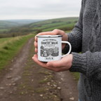 UGC lifestyle photo of man holding personalised enamel camping mug with David name — Country Walks design, muddy countryside footpath, chunky grey knit jumper, overcast British daylight