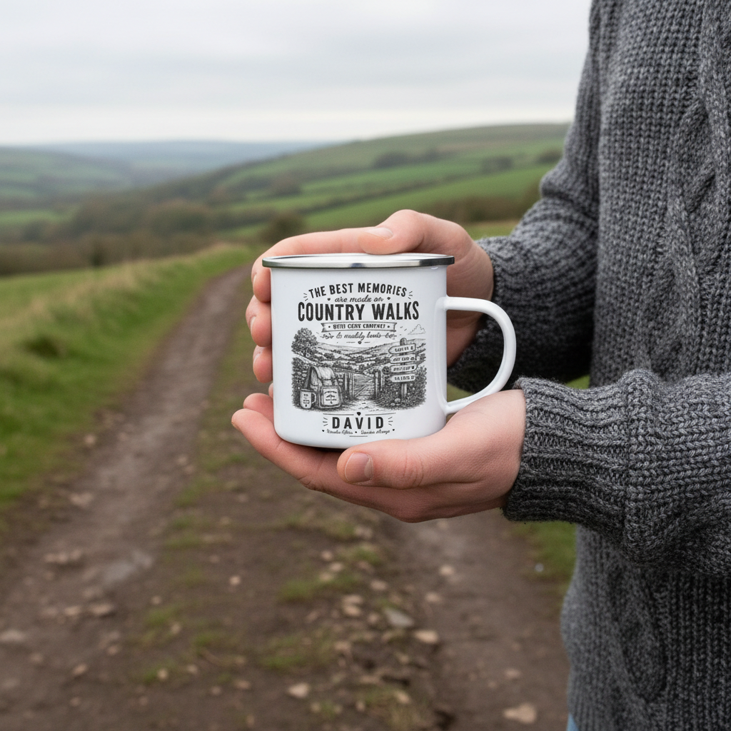 UGC lifestyle photo of man holding personalised enamel camping mug with David name — Country Walks design, muddy countryside footpath, chunky grey knit jumper, overcast British daylight