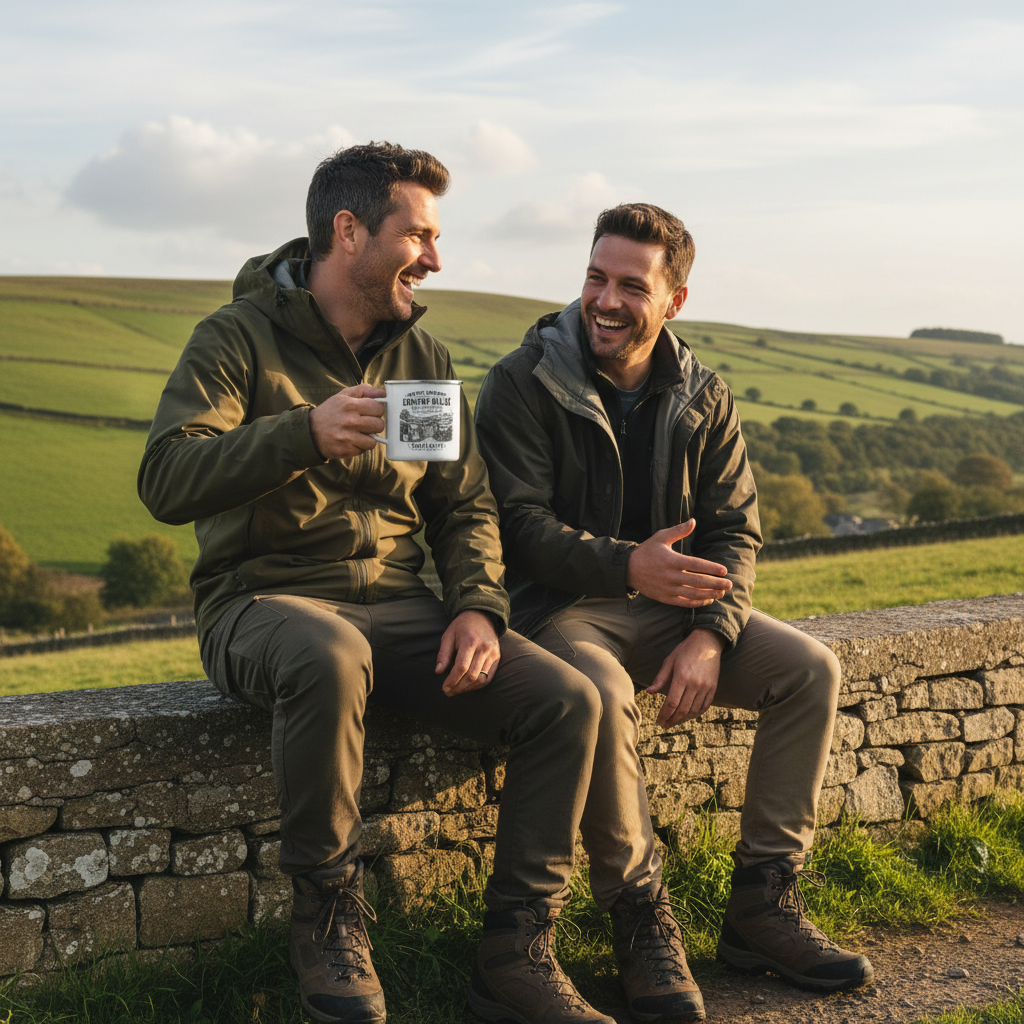 UGC lifestyle photo of two men on a dry stone wall, one holding personalised enamel camping mug with Jack name — Country Walks design, hiking gear, laughing together in rolling green hills