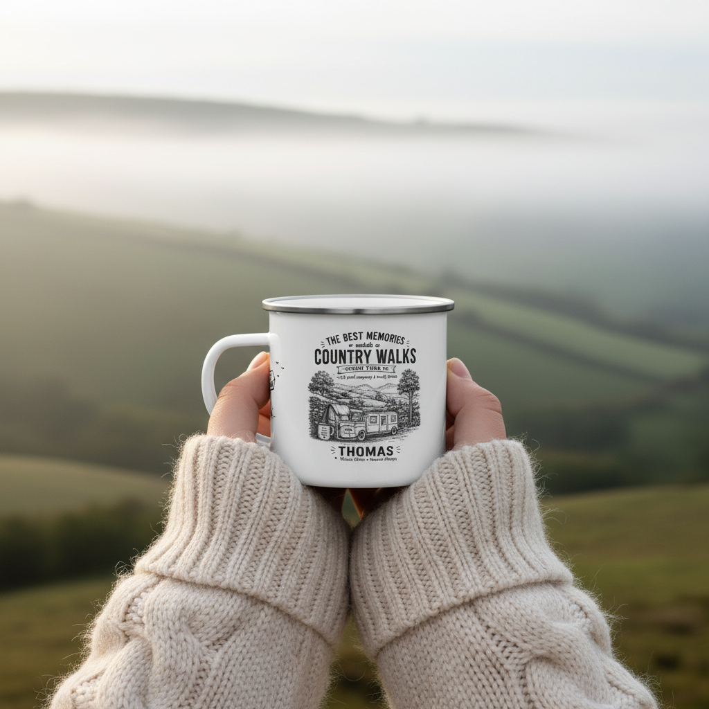 Personalised enamel camping mug with Thomas name — Country Walks design, UGC outdoor shot held in hands on misty hillside