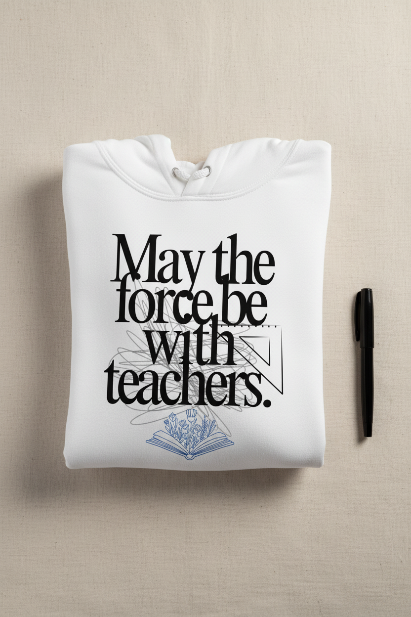 White hooded sweatshirt with large 'May the force be with teachers' design