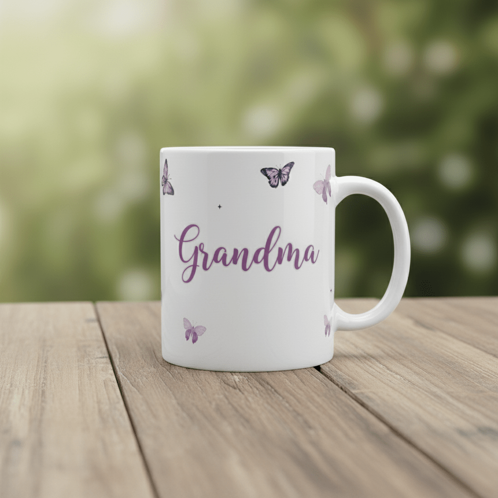 Personalised butterfly mug with name Grandma and birth date, purple butterflies
