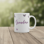 Personalised butterfly mug with name Grandma and birth date, purple butterflies