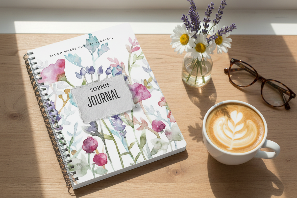 Bloom Where You Are Planted A5 floral journal personalised with Sophie's name, lying on a wooden desk beside a latte, flowers and reading glasses in a candid UGC-style photo