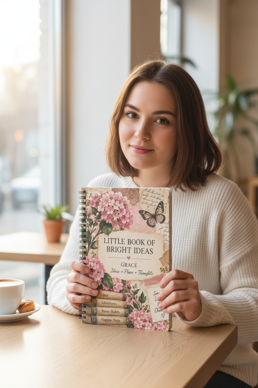 Woman holding the Little Book of Bright Ideas A5 floral notebook at a café table