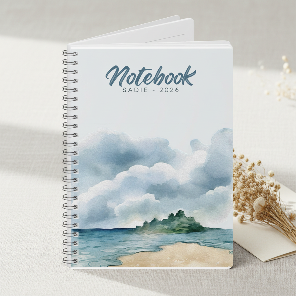 Sadie's personalised coastal watercolour A5 notebook standing upright on a pale linen surface with dried flowers and a folded cream card in a premium studio product photo