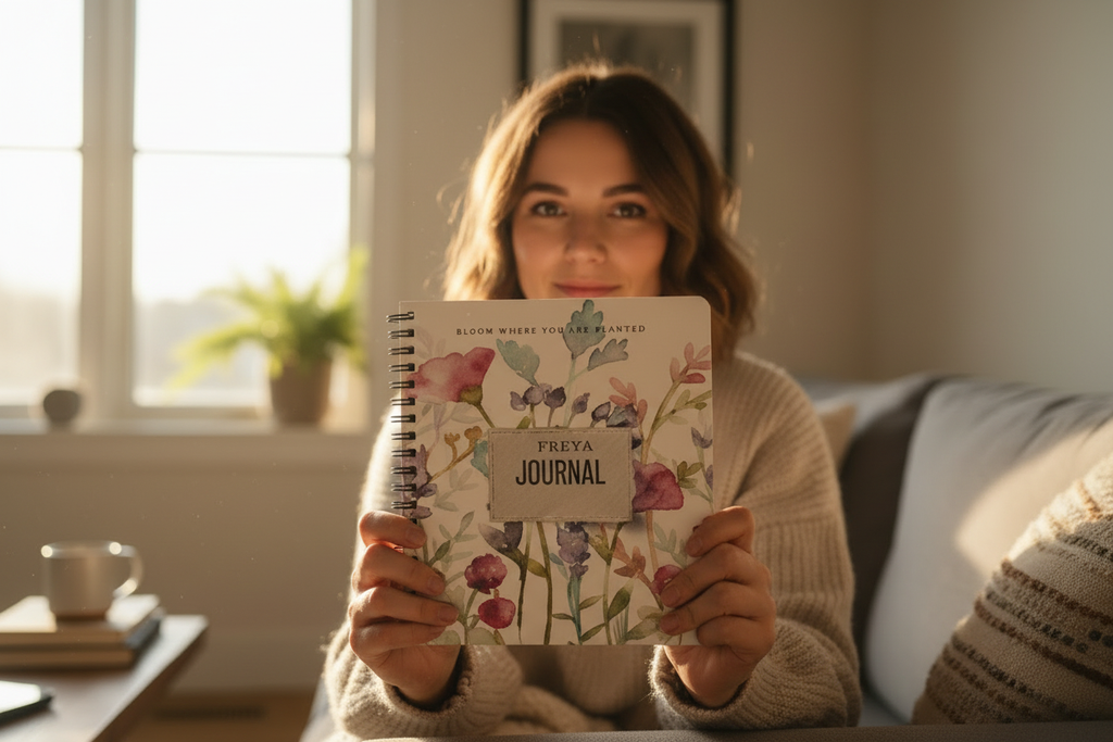 Bloom Where You Are Planted A5 floral journal personalised with Freya, held up facing the camera on a sofa in a candid UGC-style photo