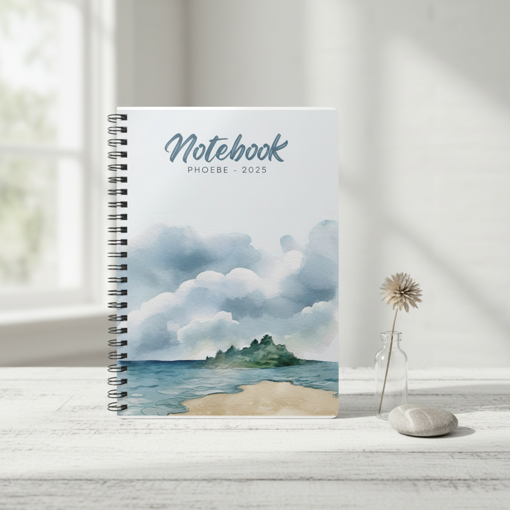 Phoebe's personalised coastal watercolour spiral notebook standing upright on whitewashed wood with a dried beach flower in a glass bottle and a smooth pebble in a premium studio product photo