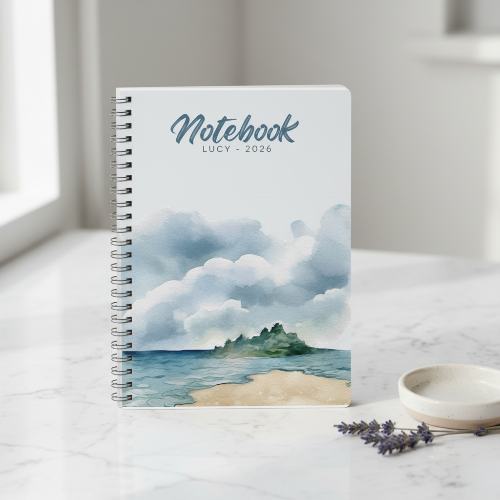 Lucy's personalised coastal watercolour A5 notebook standing upright on a polished marble surface with dried lavender and a small cream ceramic dish in a premium studio product photo