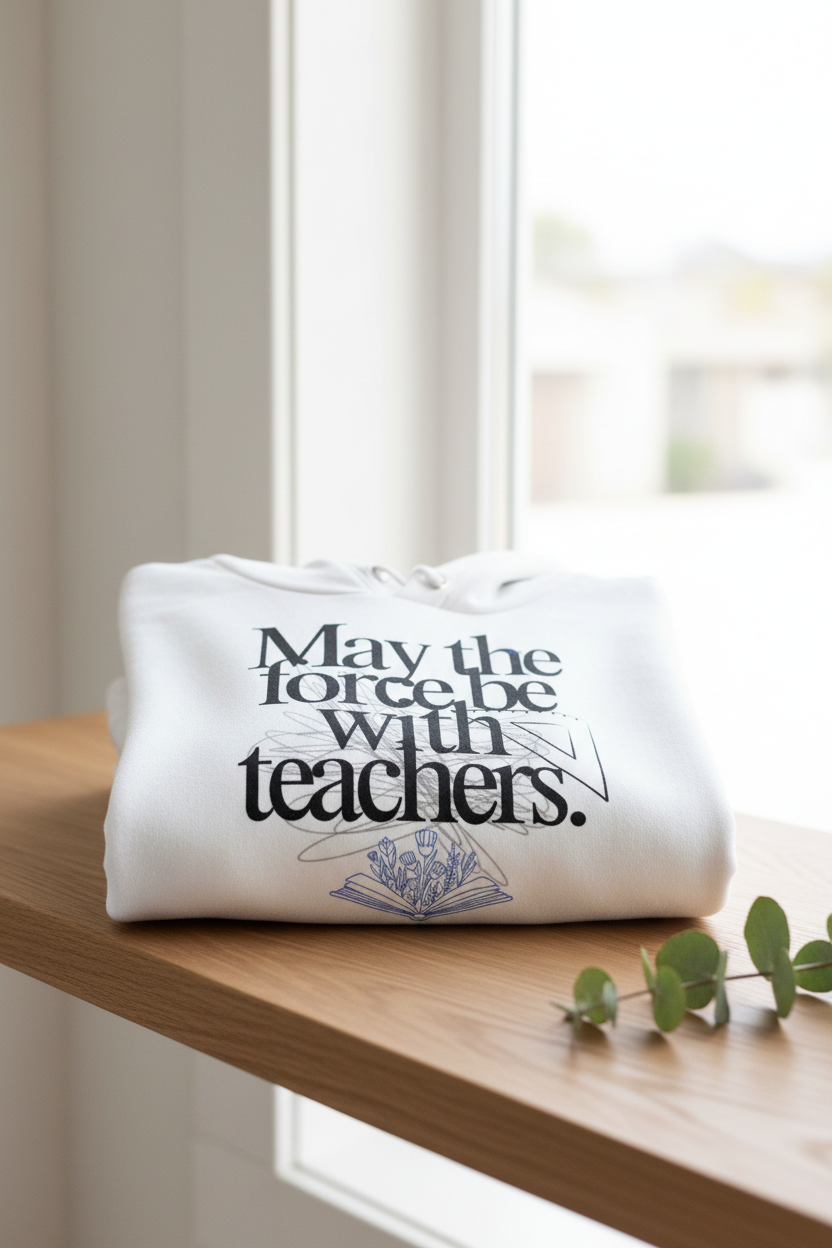 White hooded sweatshirt with teacher text and open-book graphic print