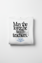 Folded white hooded sweatshirt with front graphic text and blue book emblem.