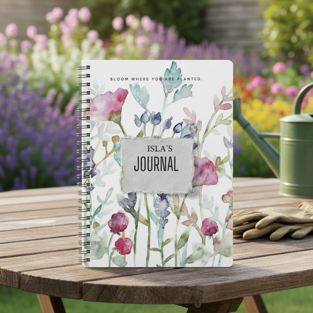 Isla's personalised Bloom Where You Are Planted A5 floral journal standing upright on a rustic garden table with a watering can and gardening gloves in a British country garden