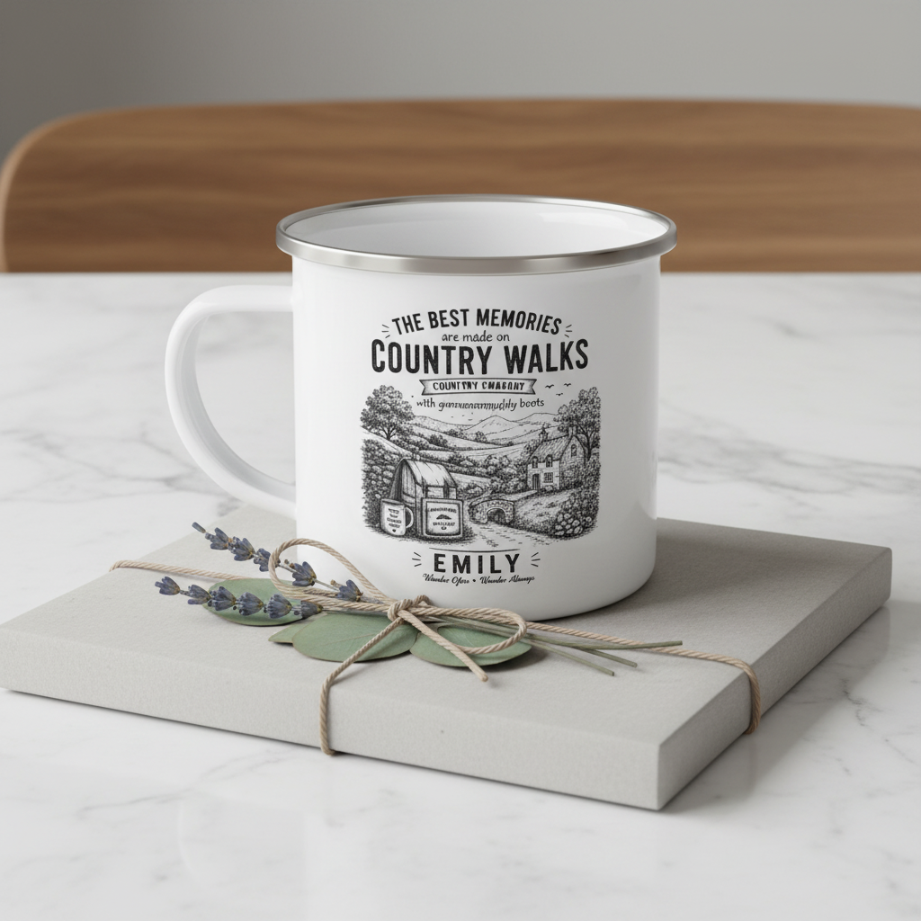 Personalised enamel camping mug with Emily name — Country Walks design, gift-wrapped in kraft paper with twine on white marble surface