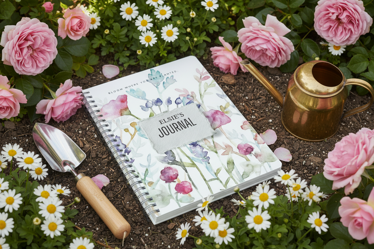 Elsie's personalised Bloom Where You Are Planted A5 floral journal lying flat in a cottage garden flowerbed surrounded by pink roses, daisies, a hand trowel and a brass watering can in a British country garden