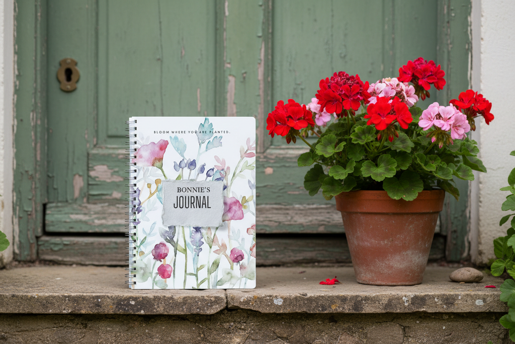 Bonnie's personalised Bloom Where You Are Planted A5 floral journal standing upright on a stone back step beside a terracotta pot of geraniums and a weathered green door in a British country garden