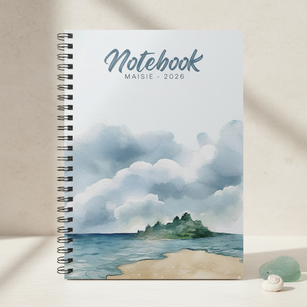 Maisie's personalised coastal watercolour spiral notebook standing upright on a pale cream stone surface with sea glass and a small white shell in a premium studio product photo