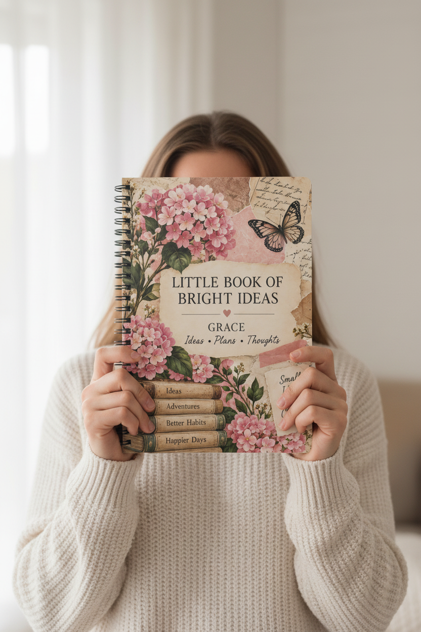 Woman holding the Little Book of Bright Ideas notebook in front of her face, wearing a cream jumper