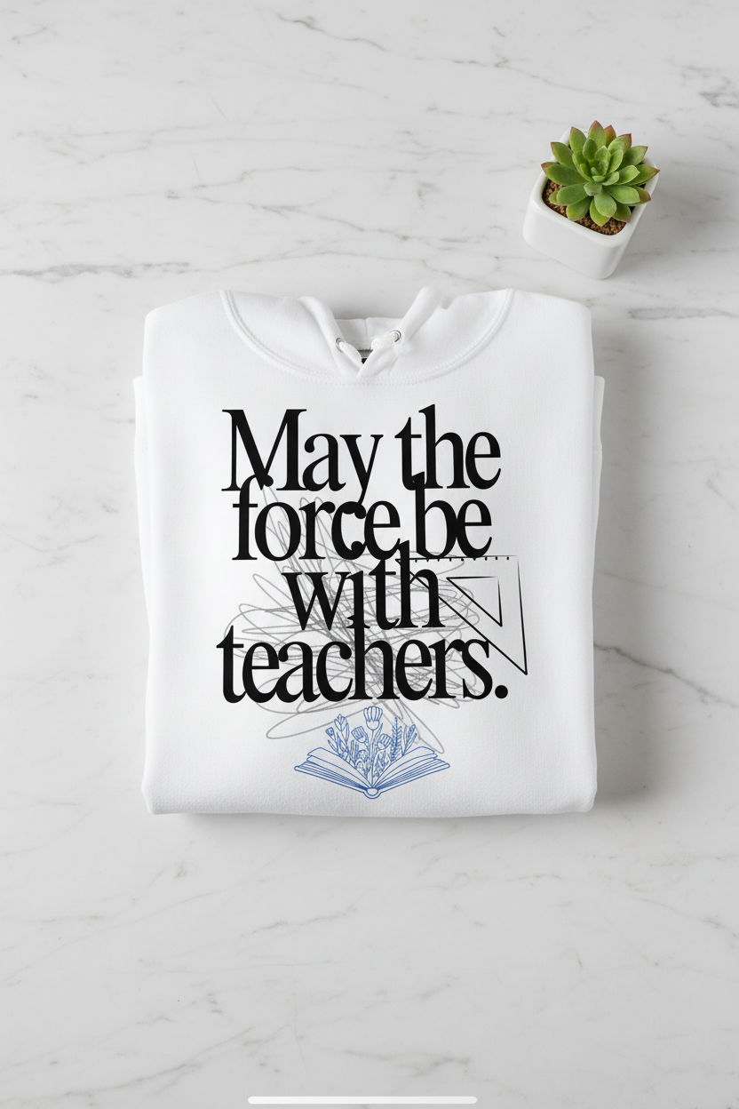 White hooded sweatshirt with bold 'May the force be with teachers' text and book icon