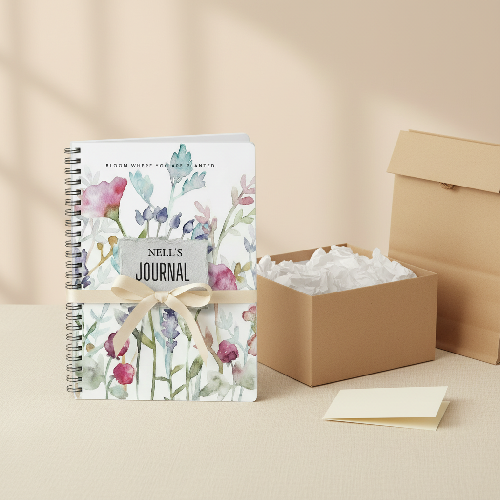Nell's personalised Bloom Where You Are Planted A5 floral journal standing upright with a cream ribbon tied around it beside an open gift box with tissue paper, a kraft gift bag and a folded card on a cream linen surface