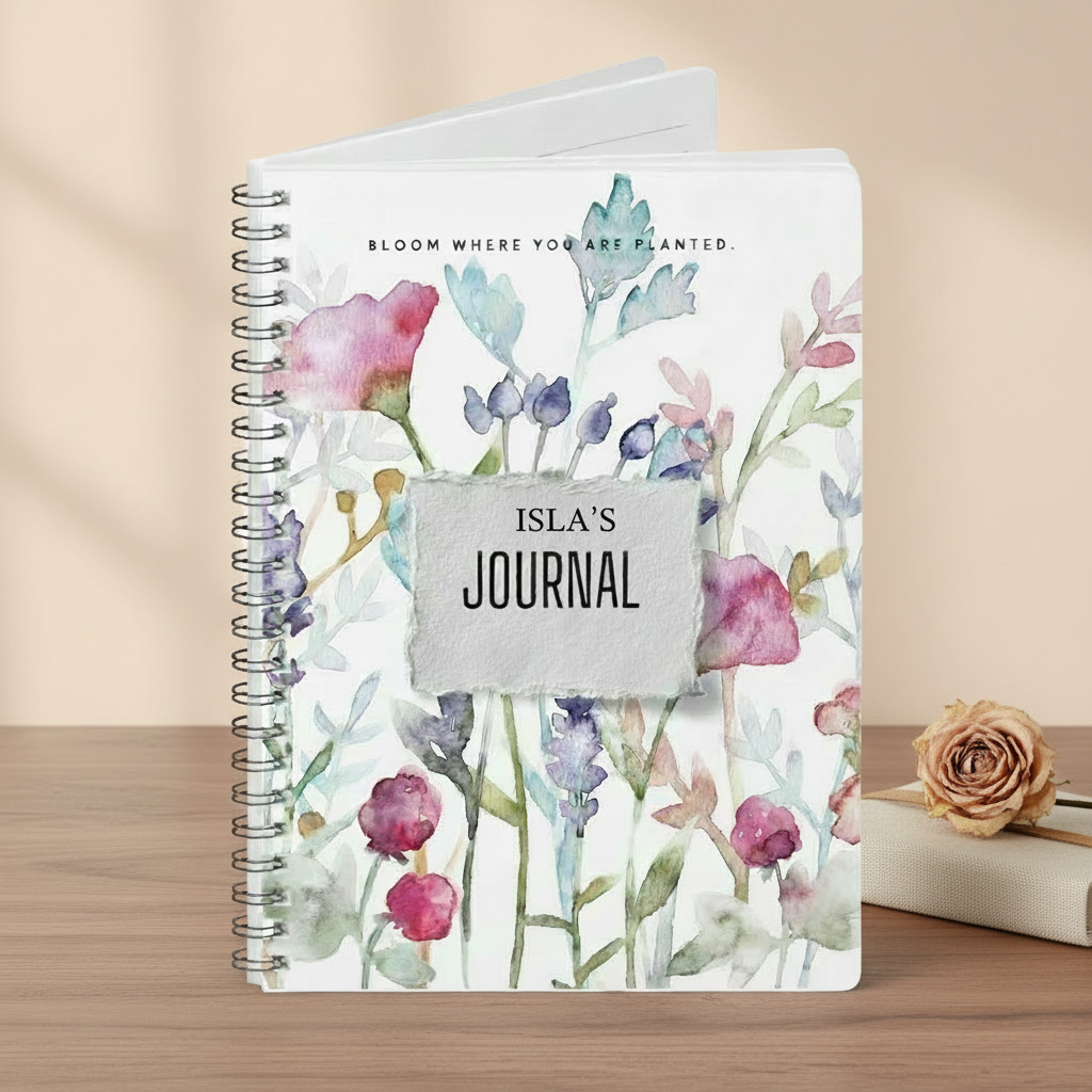 Isla's personalised Bloom Where You Are Planted A5 floral journal standing upright on a warm studio surface with a dried rose in a premium studio product photo