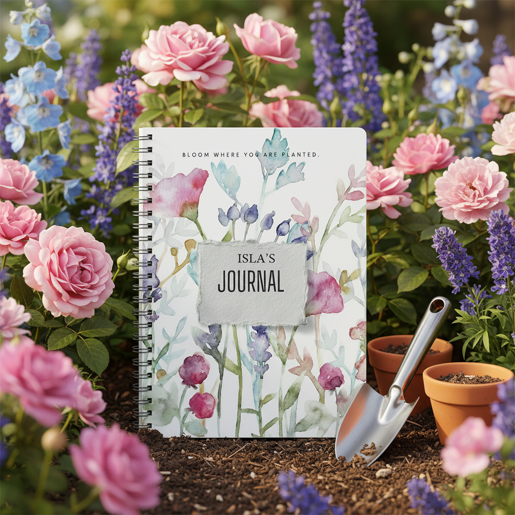 Isla's personalised Bloom Where You Are Planted A5 floral journal nestled in a cottage garden flowerbed with roses, a hand trowel and terracotta pots in a British country garden
