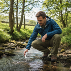 UGC lifestyle photo of man crouching by stream holding personalised enamel camping mug with Charlie name — Country Walks design, dappled green woodland light, mossy rocks