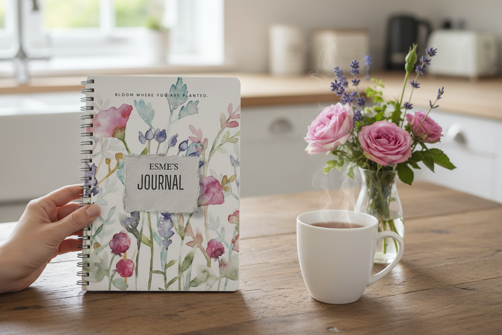 Esme's personalised Bloom Where You Are Planted A5 floral journal standing upright on a wooden kitchen table held by a hand, with a mug of tea and a vase of garden roses in a bright British kitchen