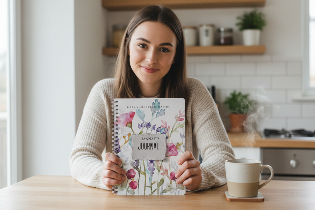 Bloom Where You Are Planted A5 floral journal personalised with Hannah's, held up at a kitchen table in a candid UGC-style photo with a mug of tea