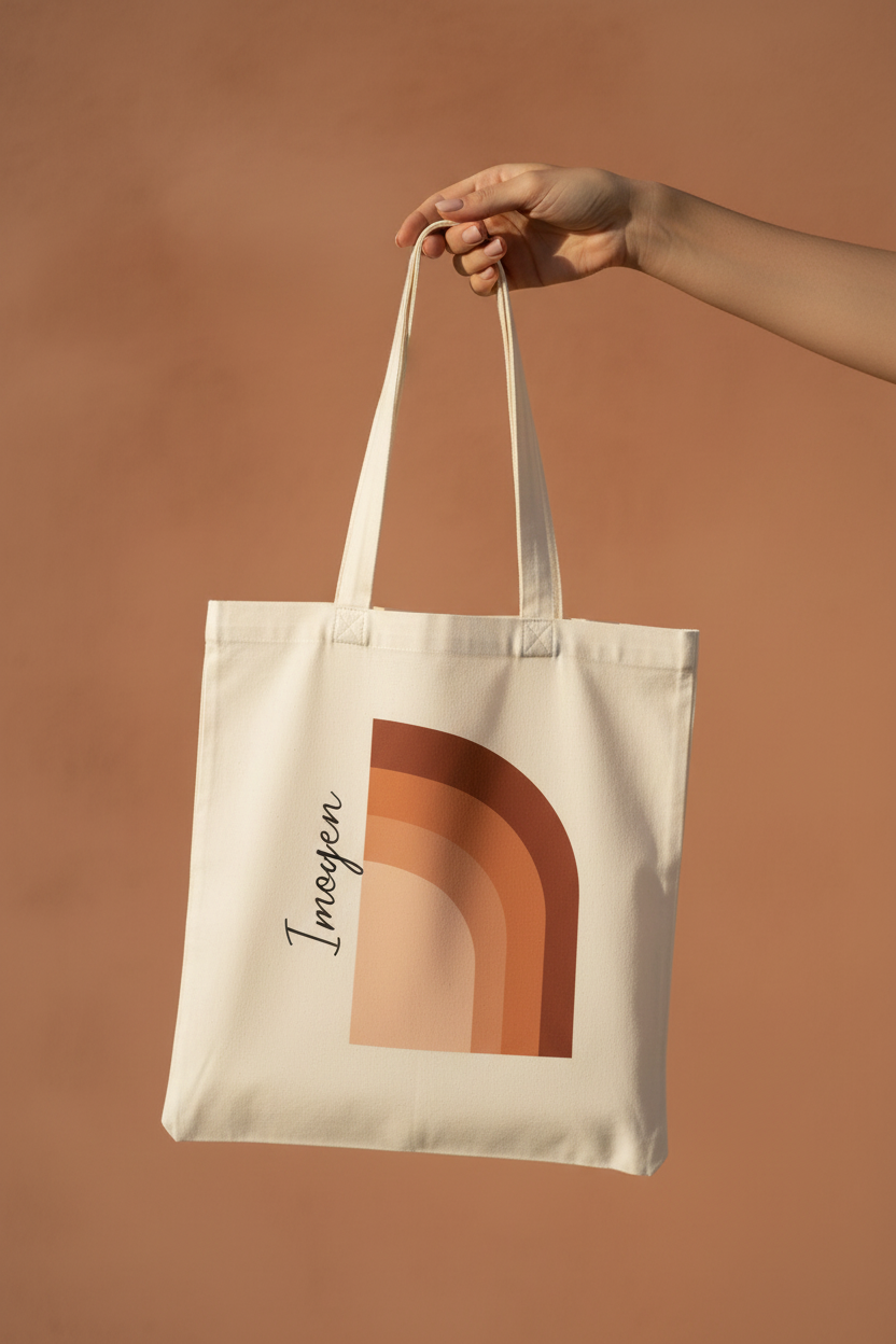 White cotton tote bag held by top handles, front shows terracotta abstract arch print