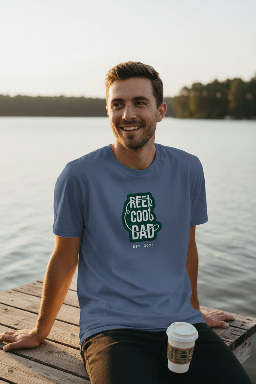 Blue crew-neck T-shirt with Reel Cool Dad graphic on the front