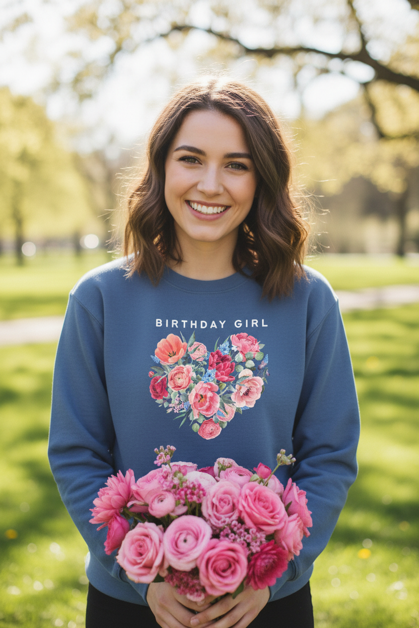 Blue crewneck sweatshirt worn by a person, with “Birthday Girl” and floral heart design