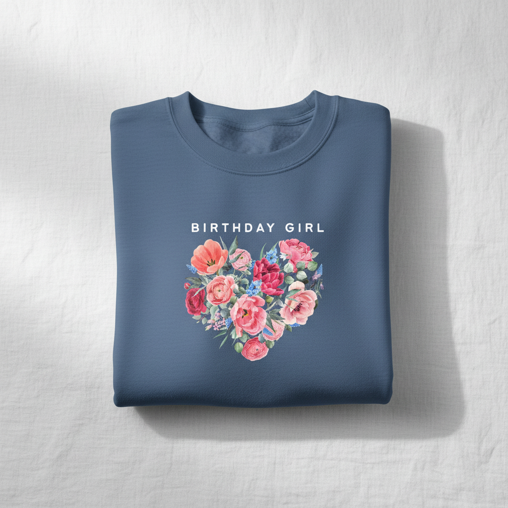 Blue crewneck sweatshirt with “Birthday Girl” text and a floral heart graphic on chest