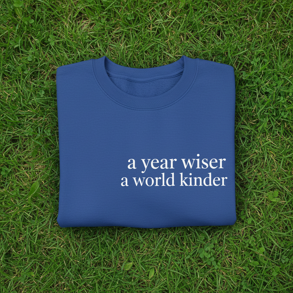 Royal blue sweatshirt with “a year wiser, a world kinder” text printed on the front.