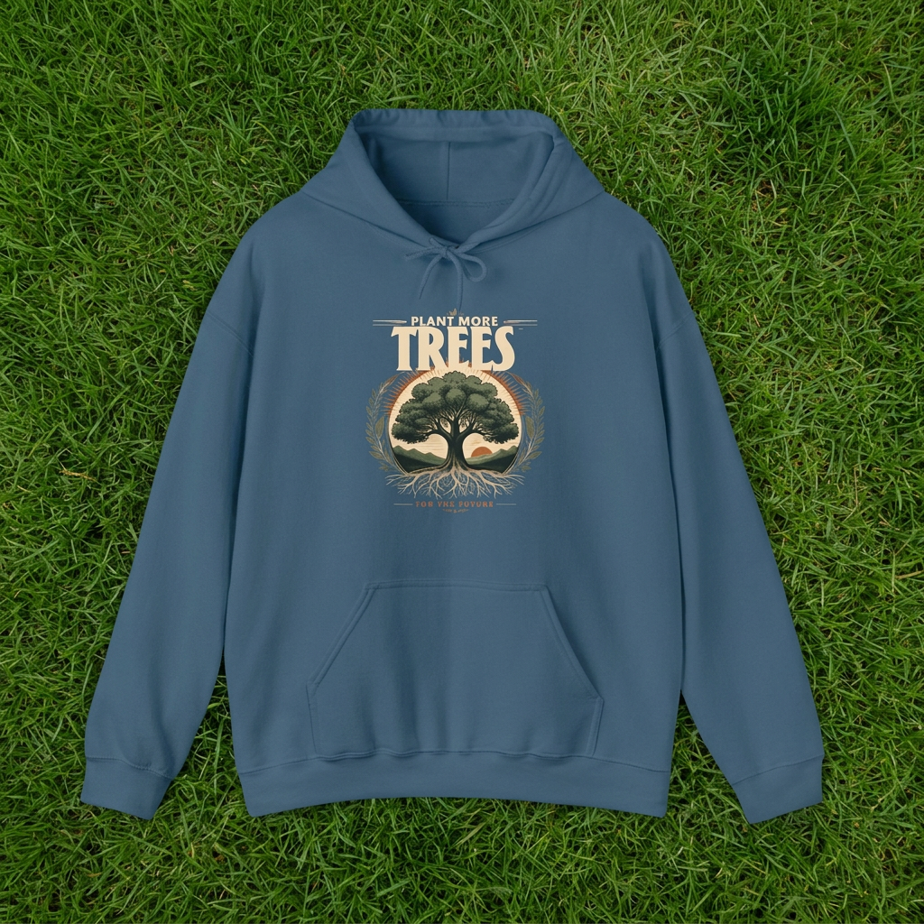 Indigo blue unisex hoodie on green grass, with “Plant More Trees” chest graphic