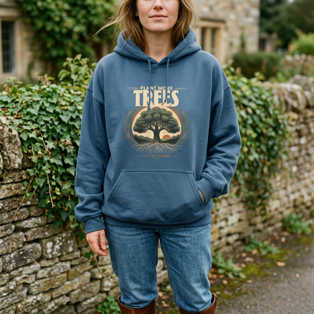 Indigo blue unisex hoodie worn outdoors, with “Plant More Trees” chest graphic